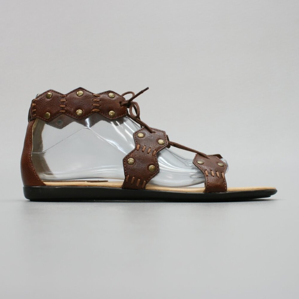 Frye Ladies 9 Laney Lace Brown Leather Open-toe Flat Slingback Gladiator Sandals - Picture 4 of 12